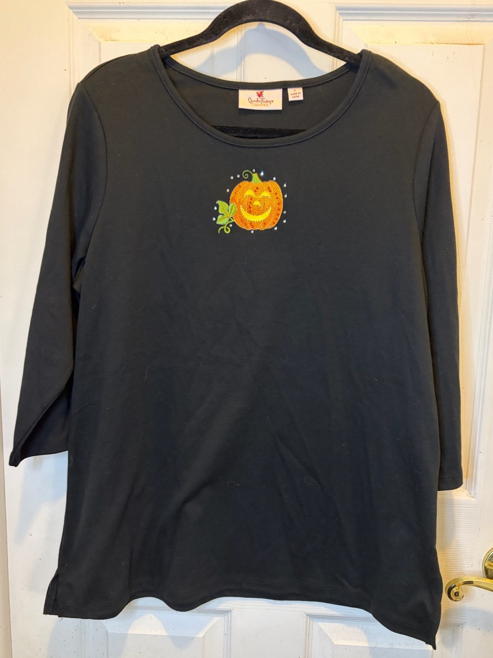 Quacker Factory Black Long Sleeve Tee with Embroidered Orange Pumpkin